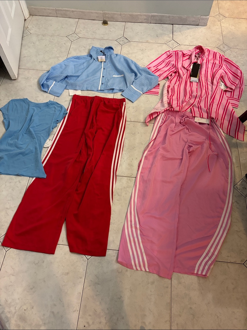 Athletic Wide-Leg Track Pants with Side Stripes - Pink Also Red Track Pants